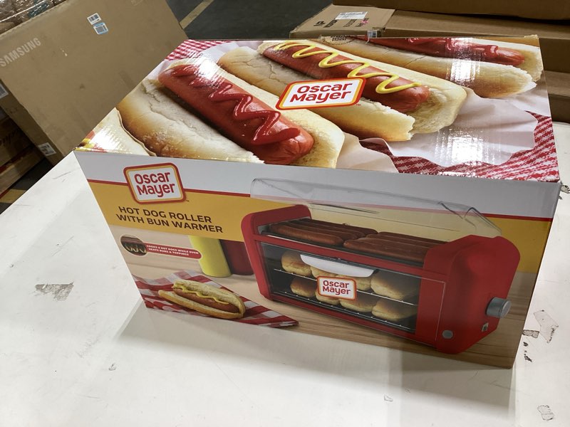 Condition photo showing New/Like New for Nostalgia Oscar Mayer Extra Large 8 Hot Dog Roller & Bun Toaster Oven, Stainless Steel Grill Rollers, Non-stick Warming Racks, Perfect for Dogs, Veggie Sausages, Brats, Adjustable Timer, Red Hot Dog Roller Red