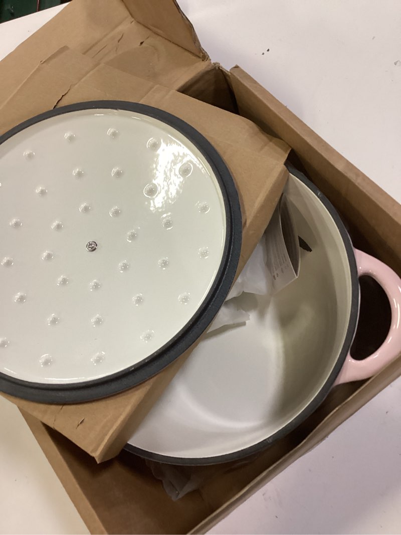 Condition photo showing Good Condition for umite chef 5qt enameled cast iron dutch oven pot with lid, heavy-duty cookware for bread baking, braising, stews, roasting, wedding registry ideas & gifts (pink) pink 5qt