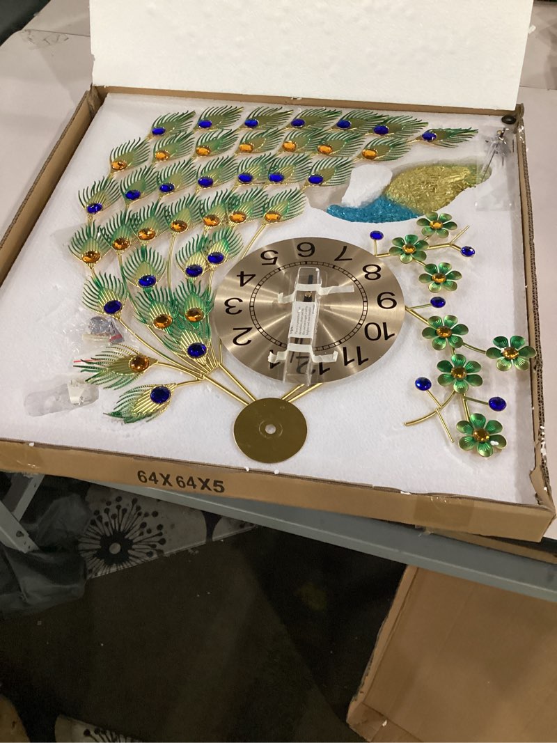 Condition photo showing Good Condition for not tested**** large peacock wall clock 30.7 inch metal design non-ticking silent art digital wall clocks for living room decor gold&green