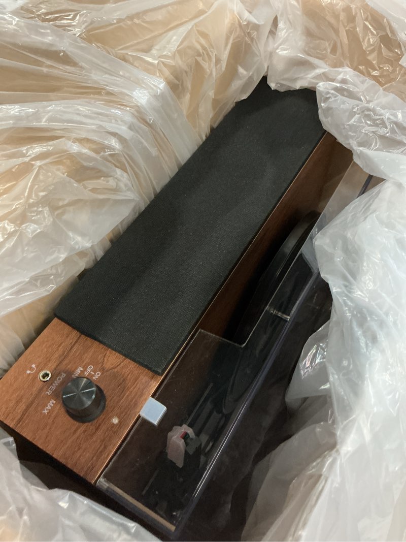Condition photo showing As Is for core innovations wireless bluetooth turntable, 3-speed vinyl record player with built-in speakers, wood finish & clear dust cover