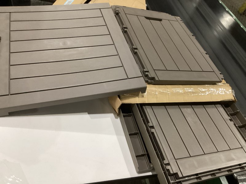 Condition photo showing As Is for rojik cabinet waterproof uv-resistant,storage bench indoor outdoor with adjustable shelves,for entryway bedroom,hallway,living room(double door,grey) grey double door, not exact, similar to stock photo