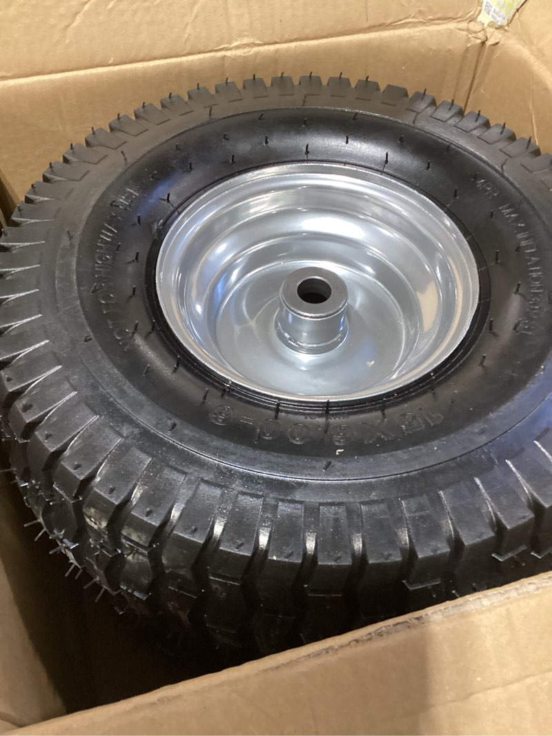 Condition photo showing Good Condition for (2 pack) rrq 15x6.00-6nhs lawn mower tires and wheel assembly, replacement riding lawn mower front tires, compatible with john deere craftsman husqvarna lawn mowers, 3/4" bushings, 3" centered hub