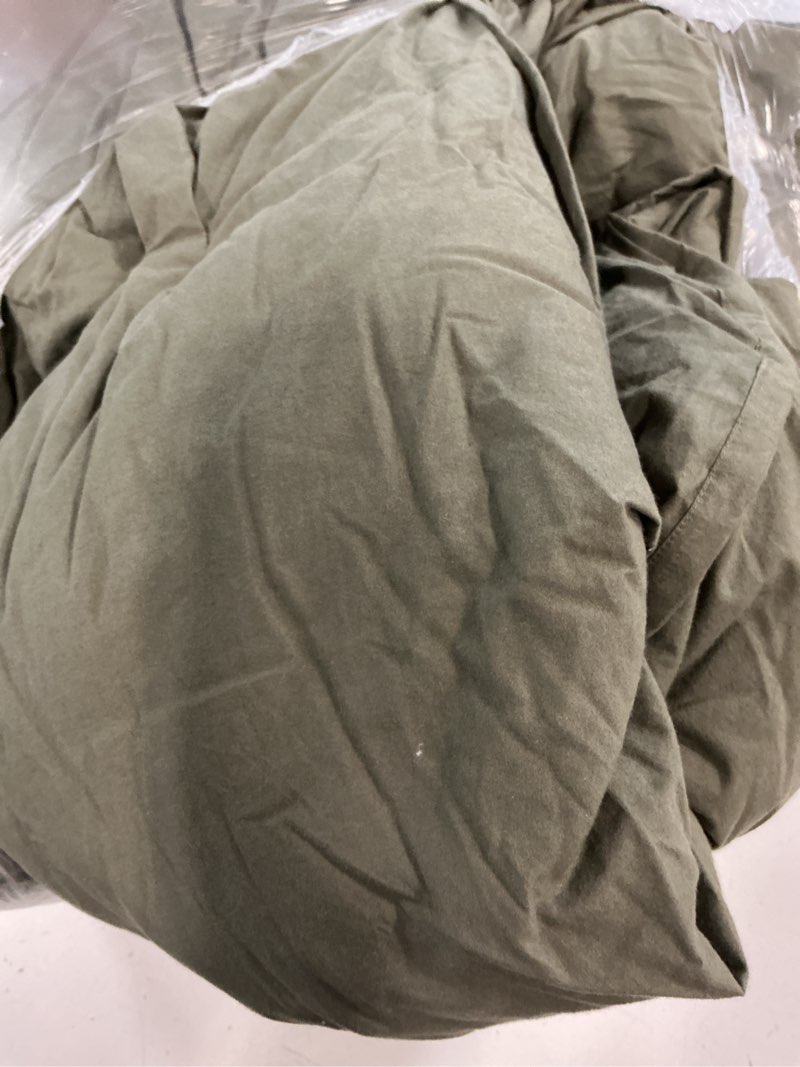 Condition photo showing As Is for cotton pintuck comforter, king/cal king, dusty olive