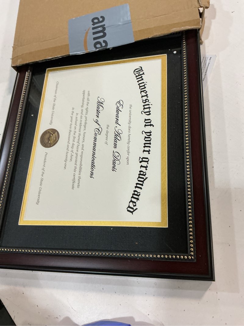 Condition photo showing Good Condition for upsimples 11x14 diploma frame with high definition glass, fits 8.5x11 certificate with black & gold mat, degree document frame for wall or tabletop, mahogany with gold beads, graduation gifts, 1 pack mahogany 11x14