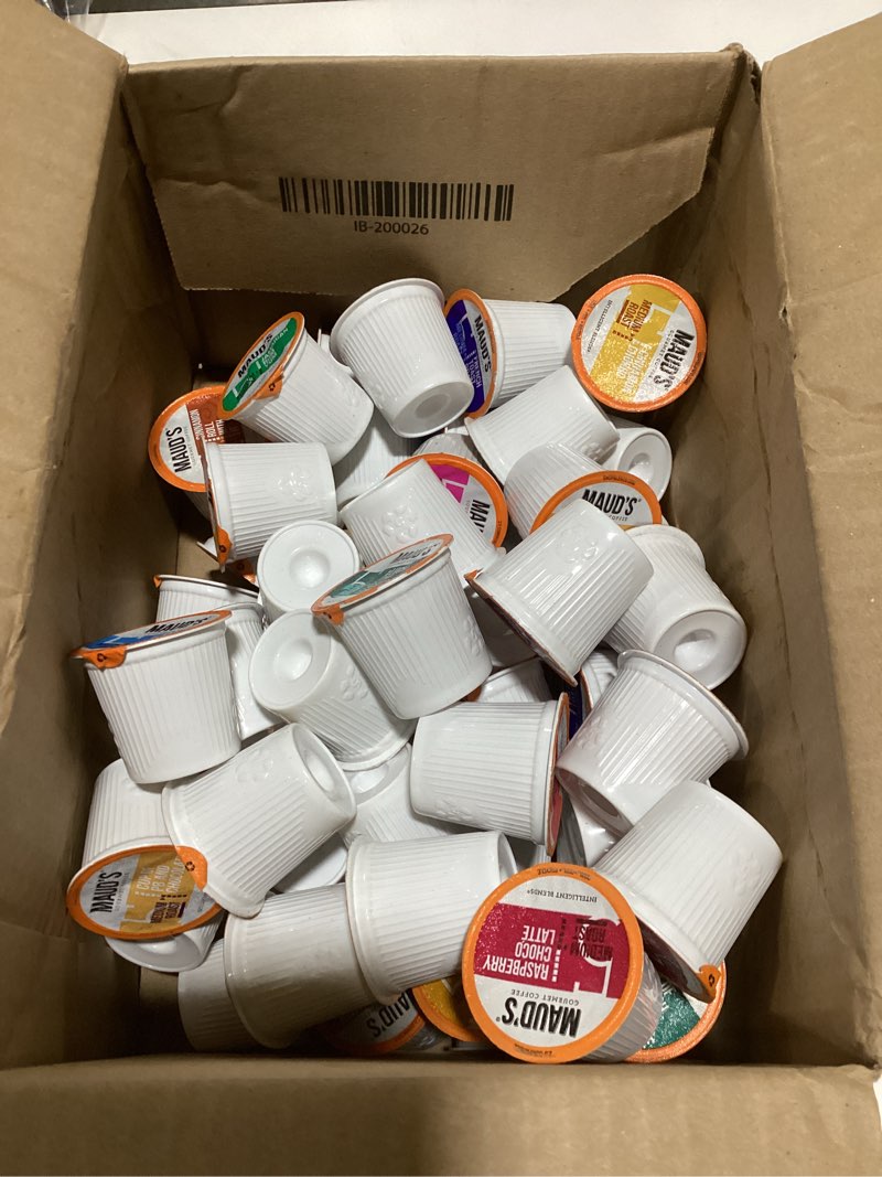 Condition photo showing As Is for Maud's Super Flavored Coffee Variety Pack, 80ct. Solar Energy Produced Recyclable Single Serve Flavored Coffee Pods Jam-Packed with 16 Flavors - 100% Arabica Coffee California Roasted, KCup Compatible