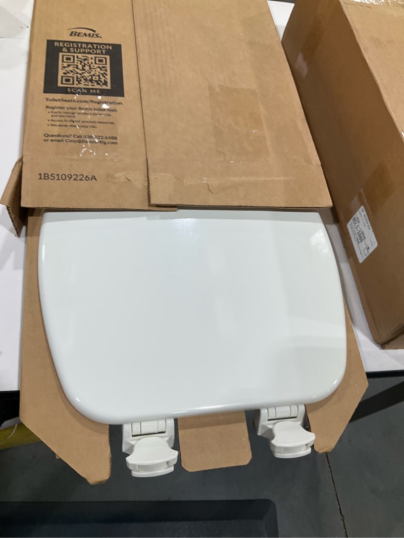 Condition photo showing Good Condition for church toilet seat, easy clean hinges release for deep cleans, durable enameled wood seat, elongated, biscuit elongated biscuit