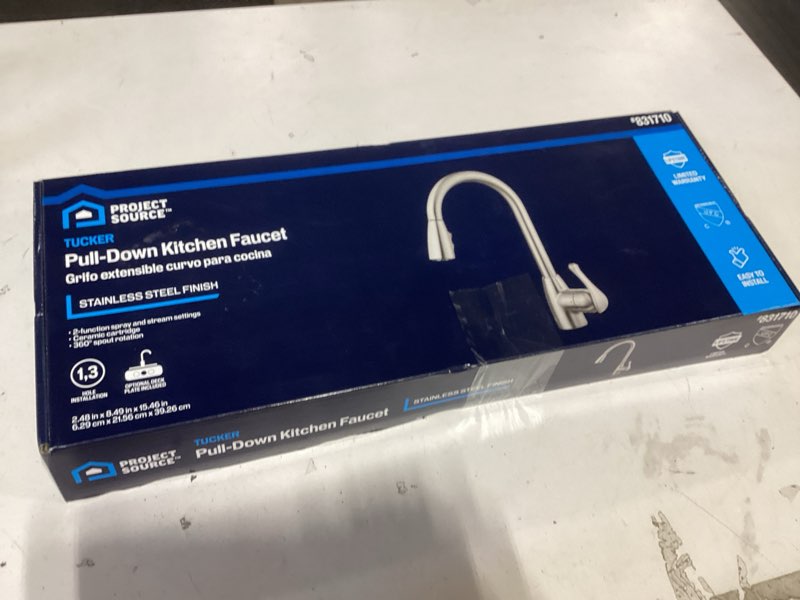 Condition photo showing As Is for project source tucker stainless steel single handle deck-mount pull-down kitchen faucet with sprayer