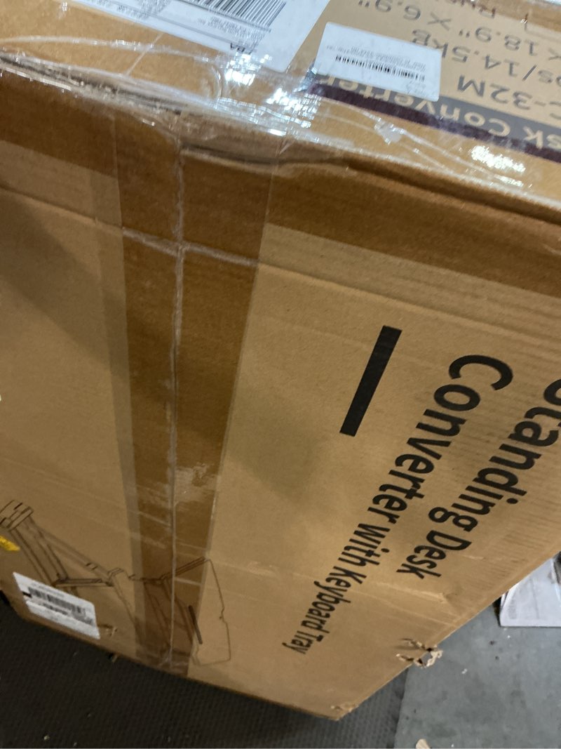 Condition photo showing Good Condition for Standing Desk Converter 32 inch, Height Adjustable Sit Stand Desk Riser, Quick Sit to Stand Tabletop Dual Monitor Riser Workstation for Home Office with Keyboard Tray, Black Black 32"