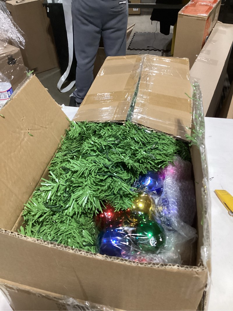 Condition photo showing As Is for Juegoal 5 FT Artificial Christmas Tree, Pre-Lit Curved Shape Artificial Whimsical Xmas Tree with 150 LED Warm White Lights & Colorful Balls, 8 Lighting Modes Bendable Fake Pine Tree with Metal Base