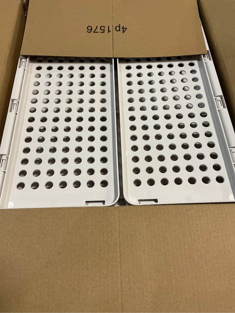 Condition photo showing Good Condition for 4 Pack Stackable Closet Storage Basket - Stackable Storage Bins, Multifunctional & Foldable Closet Organizer Divided, Wardrobe Cupboard Space-Saving Clothes Storage Hat Organizer, White