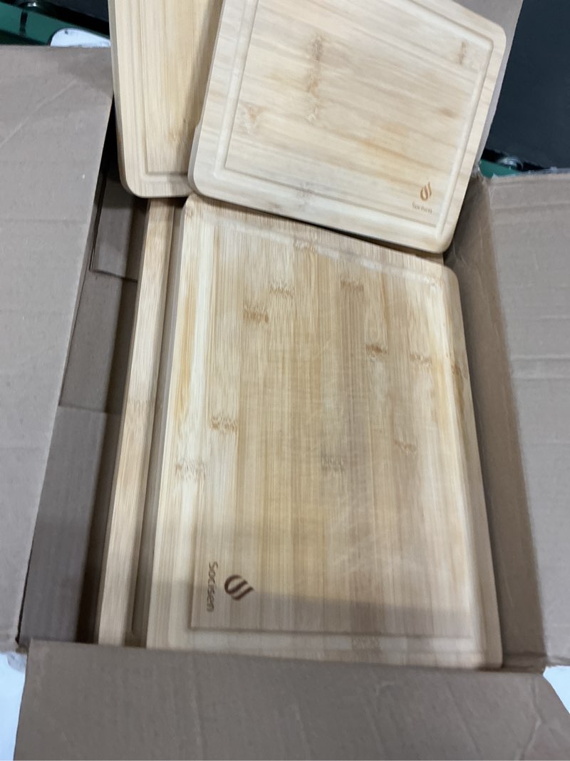 Condition photo showing As Is for bamboo cutting board for kitchen, durable wooden chopping board with juice groove & handles, ideal serving & charcuterie board for meat, veggies, fruits, cheese – perfect housewarming & wedding gift 4-piece natural