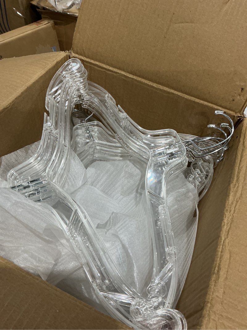 Condition photo showing Good Condition for 17-inch shatter-resistant clear plastic hangers, box of 100 durable clear plastic hangers, plastic clothes hangers for retail, stores