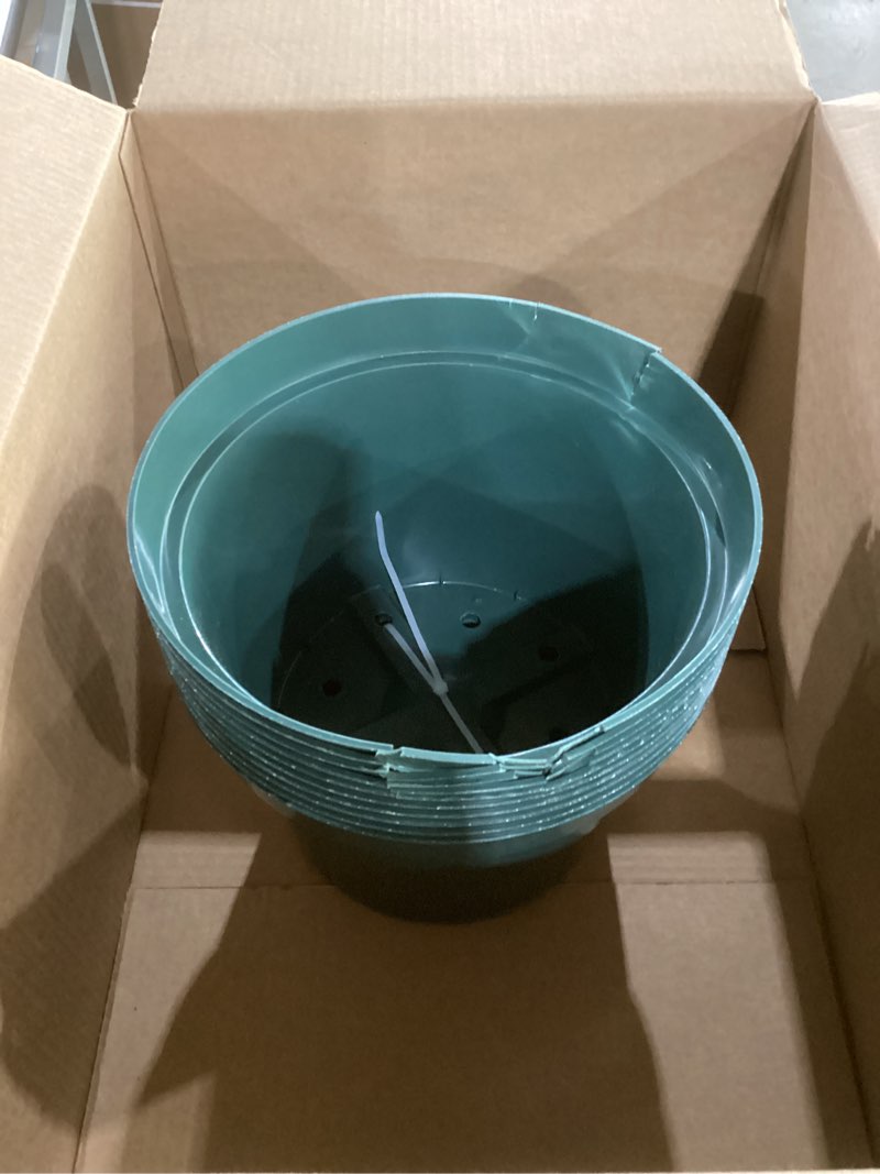 Condition photo showing As Is for 10 pack green plastic planter pots, 10 inch thick with multiple drainage holes, for herbs, strawberries, flowers - indoor/outdoor green 10 inch 10 pack
