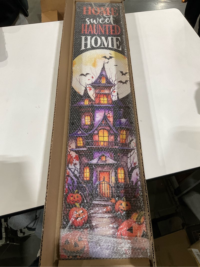 Condition photo showing New/Like New for Spoontiques Haunted Home Porch Sign - Decorative Home Décor Wooden Signs - Rustic Outdoor Decoration - Durable and Weatherproof - Entryway Decoration - 8" x 40"