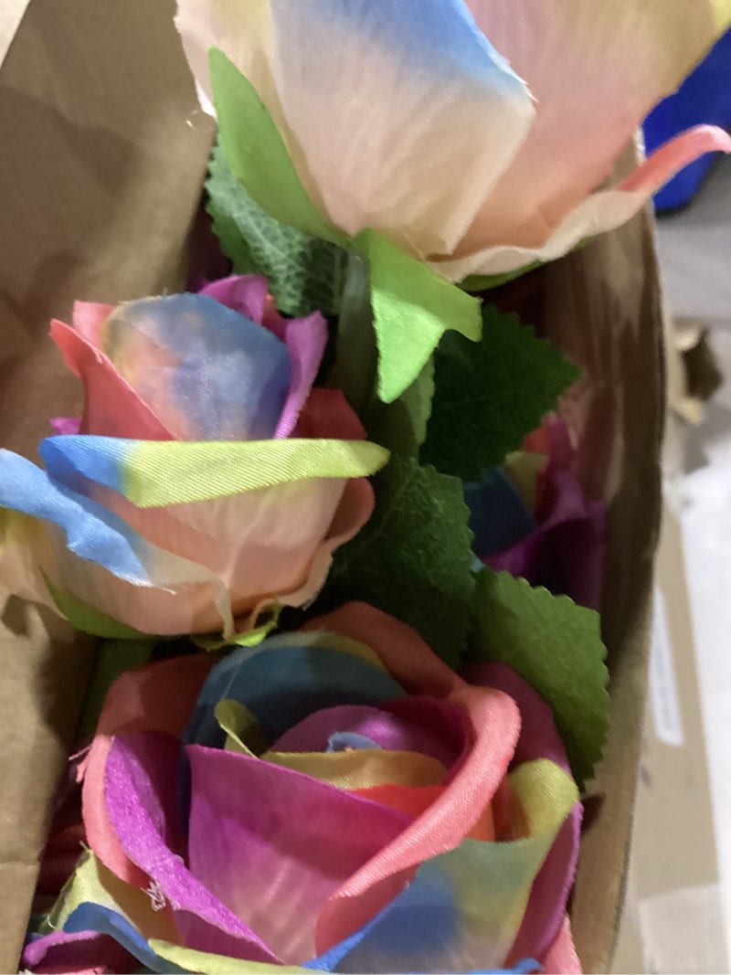 Condition photo showing Good Condition for hotop 40 pcs rose artificial flowers bulk with long stem,realistic silk fake roses bouquet for home wedding centerpieces party table decoration valentines gifts(rainbow color)