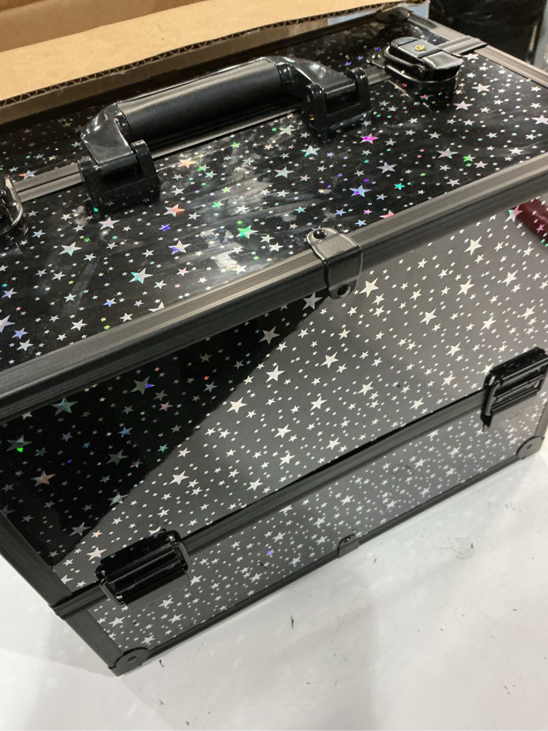 Condition photo showing Good Condition for makeup case 6 trays large 14" x 8.5" x 11" train cases cosmetic organizer storage box by joligrace - star pattern black star