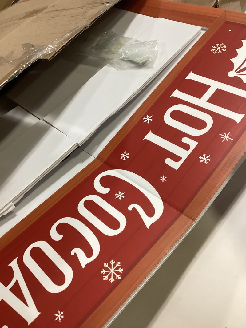 Condition photo showing Good Condition for Hot Chocolate Bar Decor Sign Bar Supplies 4 x 2.3 ft Cardboard Cutouts Photo Booth Props Hot Chocolate Stand Background Party Decorations for Christmas Winter Holiday New Year Decorations Red Christmas