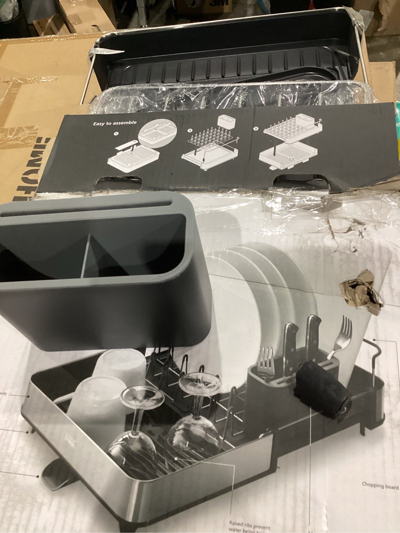 Condition photo showing As Is for Joseph Joseph Extendable Dish Drying Rack with Dual Parts - Stainless Steel, Non-Scratch, Movable Utensil Drainer & Drainage Spout, Gray 1-tier Gray