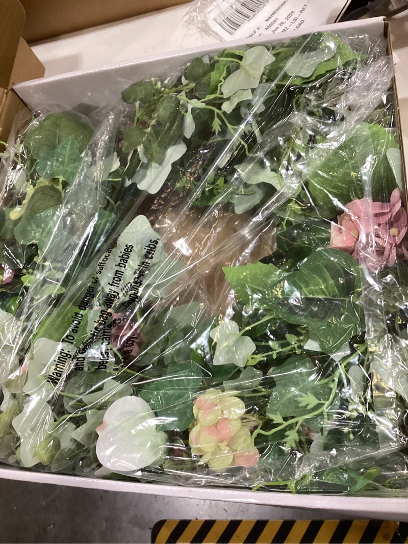 Condition photo showing Good Condition for ynylchmx 18" spring summer wreaths for front door, artificial floral wreath with pink hydrangea green eucalyptus leaves, green foliage wreath for wall window farmhouse party holiday home decor