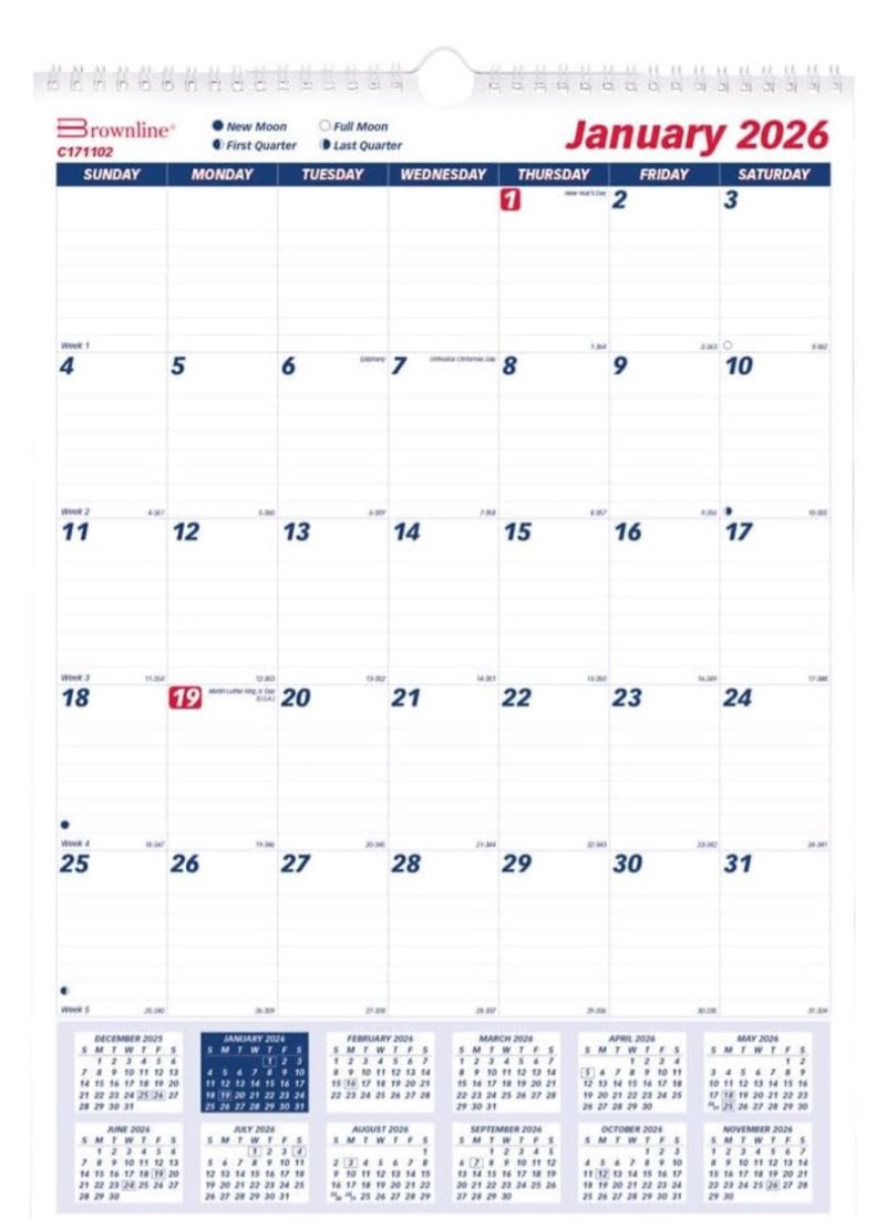  Brownline® 5-360 12-353 12-Month Calendar Page Size 15 1/2\" X 22 3/4\" Large Daily Writing Spaces Highlighted Holidays Yearly Calendar on Each Sheet Wire Loop for Hanging 18 25 Copyright