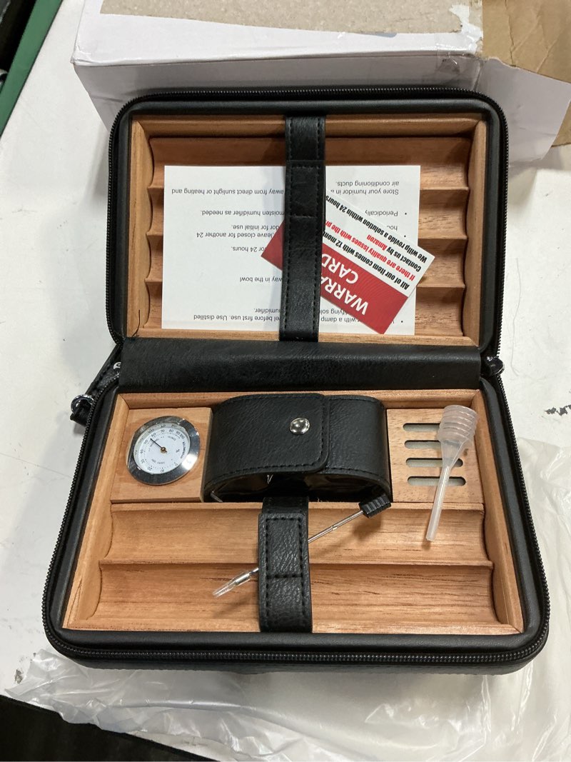 Condition photo showing As Is for leather cedar wood case and all in one double jet flame torch lighter set, built-in cutter, punch and holder function, travel box with hygrometer, draw enhancer tool, gifts for men.