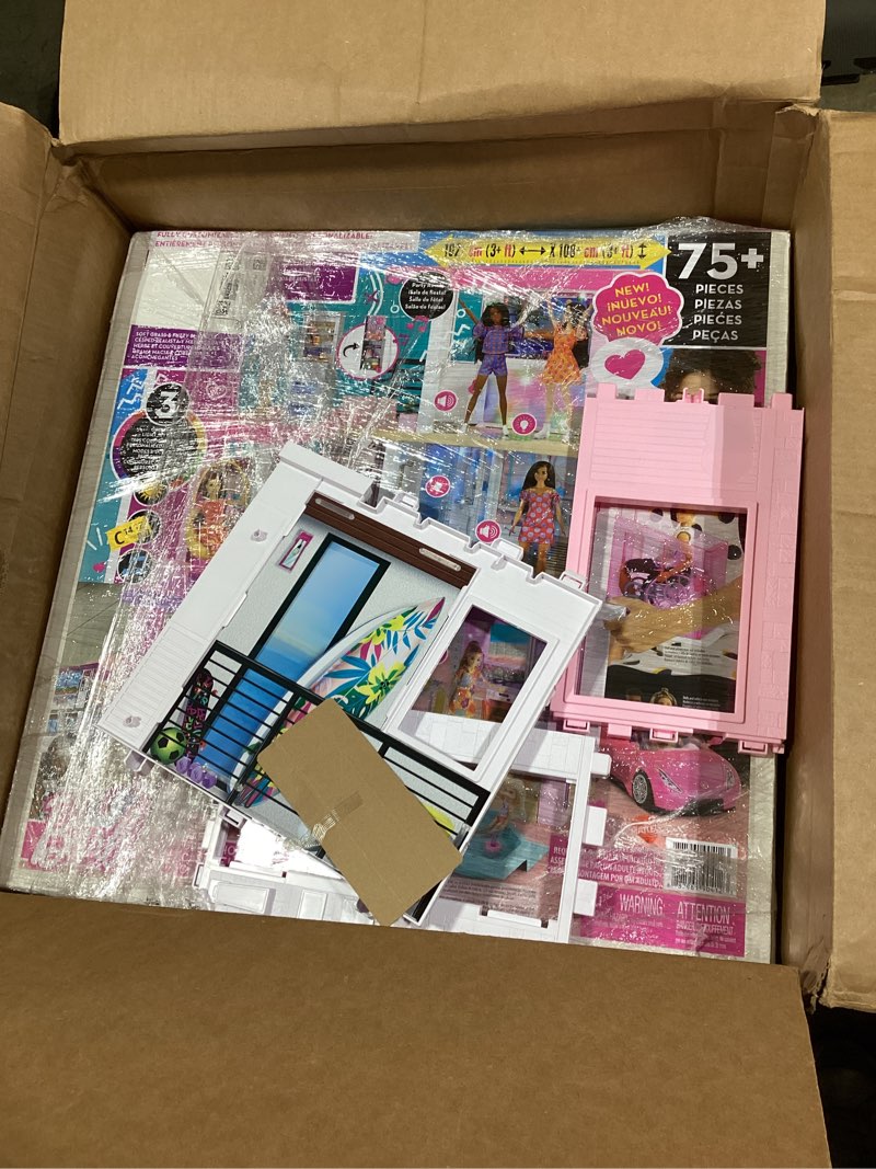Condition photo showing As Is for barbie dreamhouse (3.75-ft) 3-story dollhouse playset with pool & slide, party room, elevator, puppy play area, customizable lights & sounds, 75+ pieces, gift for 3 to 7 year olds (amazon exclusive)