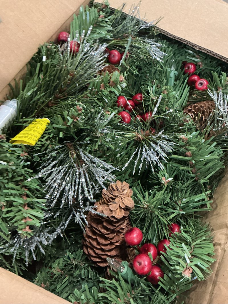Condition photo showing Good Condition for Pre-Lit Artificial Christmas Garland, Green, White Lights 50, Decorated with Pine Cones, Berry Clusters, Plug in, Christmas Decorations, 9 Feet
