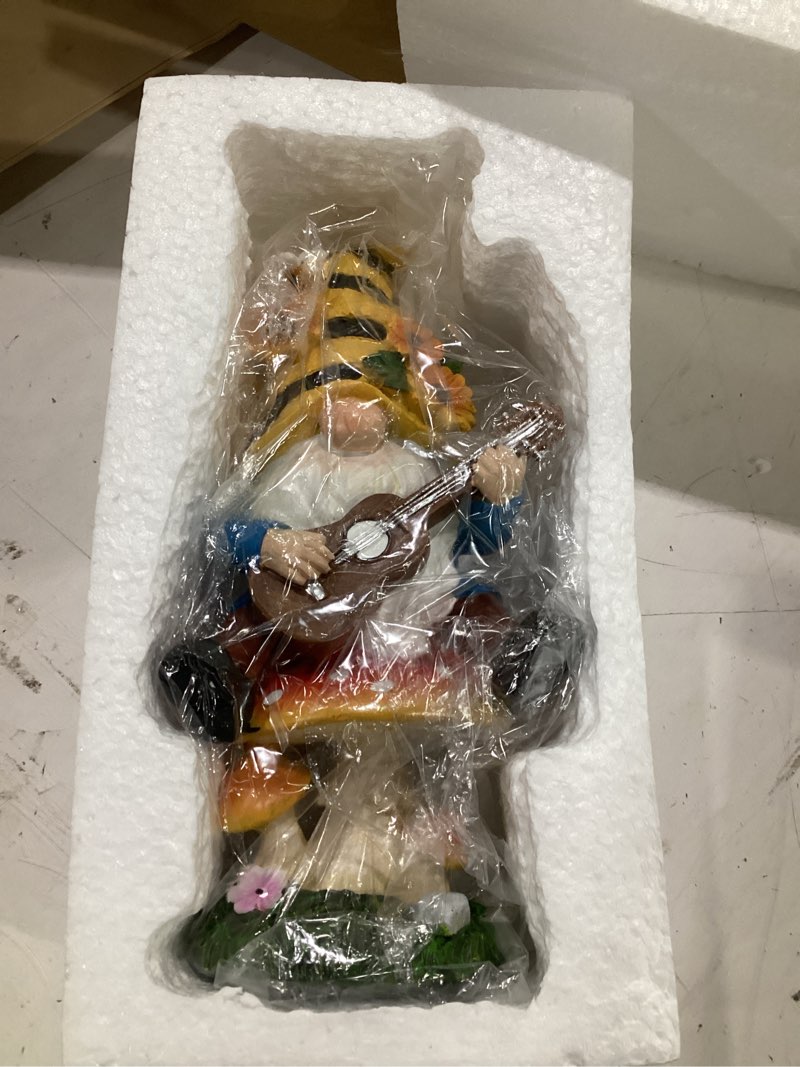 Condition photo showing Good Condition for basen spring bee gnome garden statue resin gnome figurine with mushroom seat and guitar, bee decor for indoor outdoor patio yard porch shelf, sunflower home accent gift bee gnome on mushroom