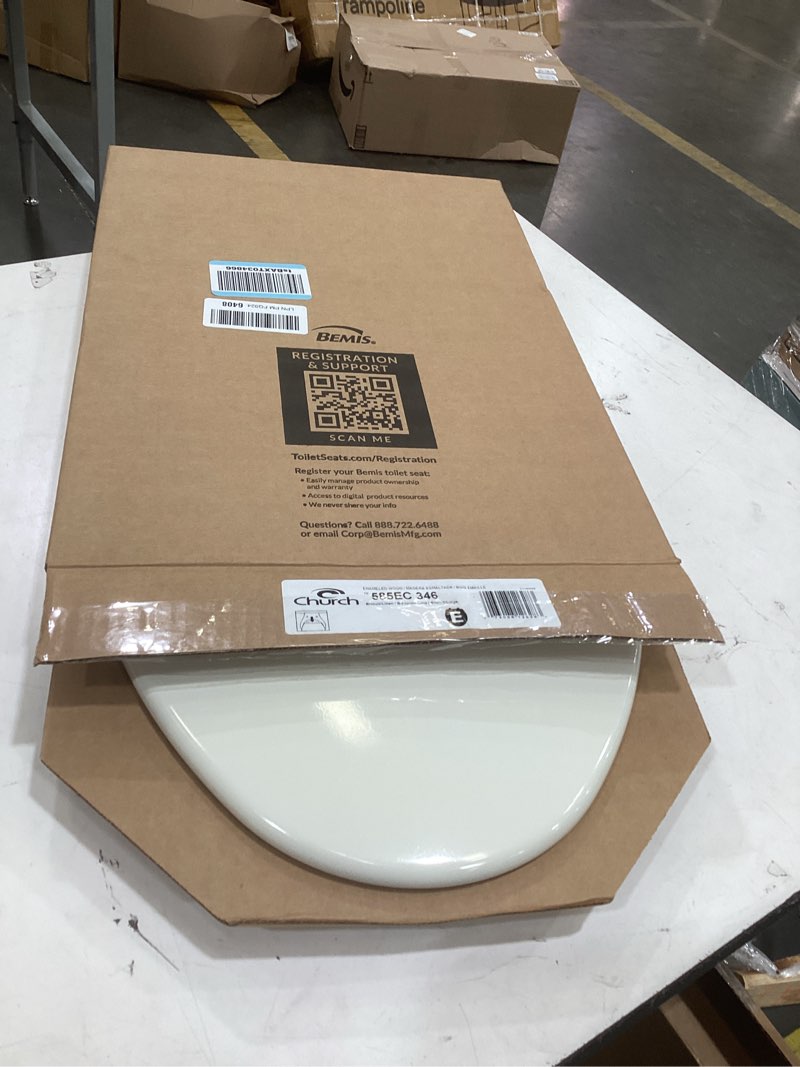 Condition photo showing As Is for church toilet seat, easy clean hinges release for deep cleans, durable enameled wood seat, elongated, biscuit elongated biscuit