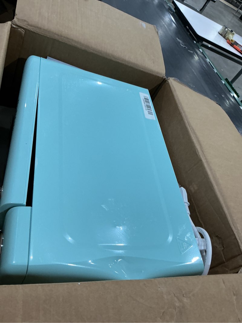 Condition photo showing As Is for nostalgia countertop microwave oven with easy clean interior - retro microwave with led display & child lock- compact 0.7 cu. ft. oven with 12 pre-programmed settings for quick cooking- 700-watts-aqua retro classic 0.7 cu. ft. aqua