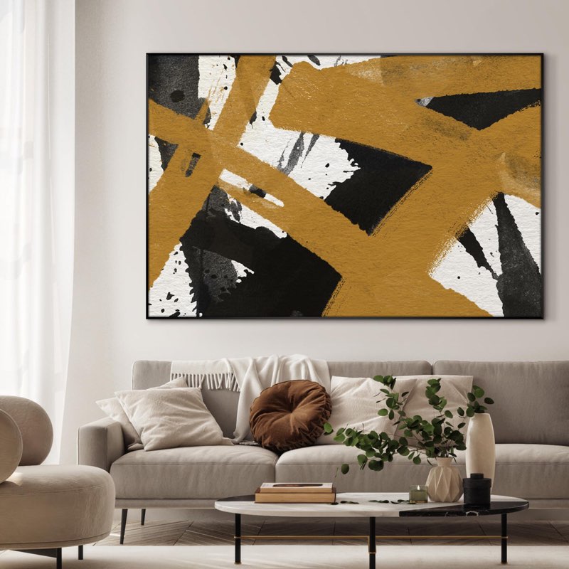 Modern Abstract Black and Gold Brushstroke Home Decor Extra Large Framed Wall Art Print (Framed Assembly Required)