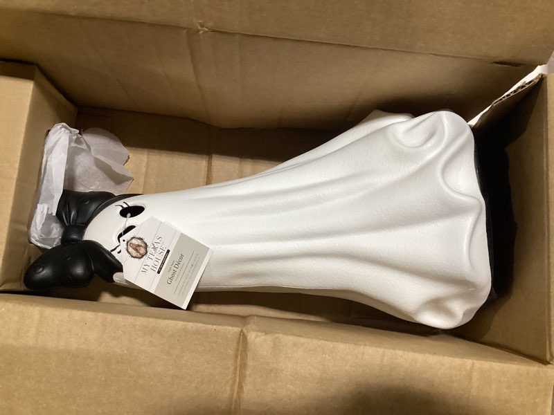 Condition photo showing Good Condition for halloween cute black bow ghost tabletop ornament, texas style 20 inch white ghost statue for living room porch shelf seasonal display decoration