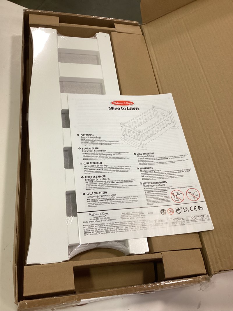 Condition photo showing New/Like New for Melissa & Doug Mine to Love Wooden Play Cradle for Dolls, Stuffed Animals - White