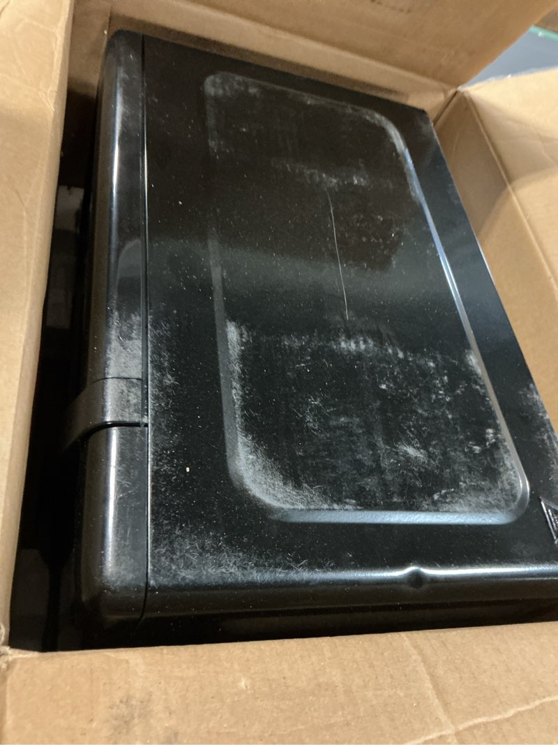 Condition photo showing As Is for Emerson MW7302B Compact Countertop Microwave Oven with Touch Control, LED Display, 700W, 10 Power Levels, 6 Auto Menus, Glass Turntable and Child Safe Lock, 0.7 Cu., Ft. Black