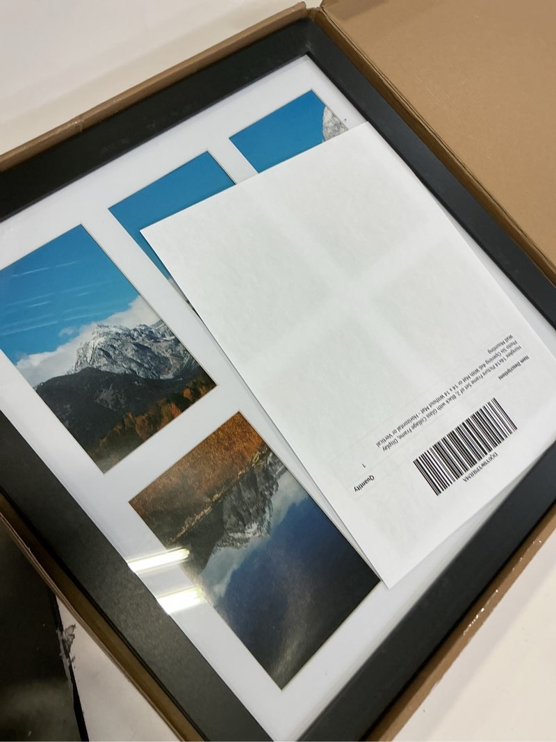 Condition photo showing Good Condition for 14x14 picture frame set of 2, black with glass collage frame, display photo six opening 4x6 with mat or 14 x 14 without mat - horizontal or vertical wall mounting black 14x14 in matted to 6-4x6