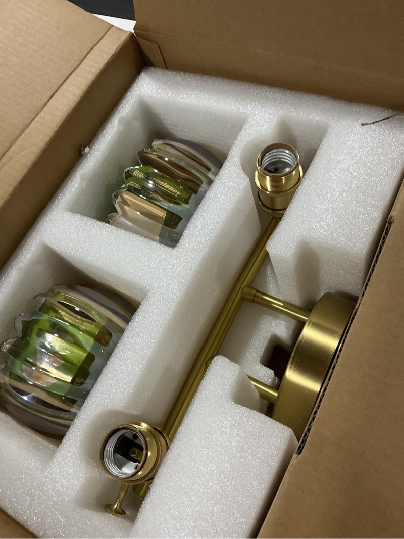 Condition photo showing Good Condition for bathroom light fixtures, 2-light brass vanity wall light over mirror with amber tulip glass shade for bedroom living room (bulb not included) 2 heads-golden base-tulip light amber hardwired