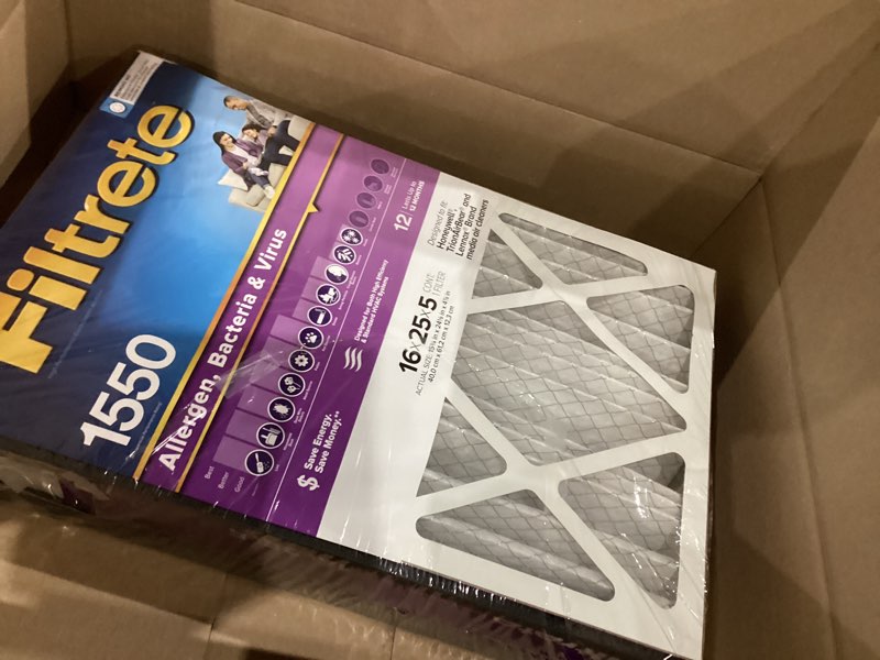 Condition photo showing Good Condition for Filtrete 16x25x5 AC Furnace Air Filter, MPR 1550, MERV 12, Fits Honeywell & Trion AirBear, CERTIFIED Asthma & Allergy Friendly, Electrostatic Air Filter, 1-Pack (actual size 15.75 x 24.13 x 4.88) 4.9" x 24.1" x 15.6"