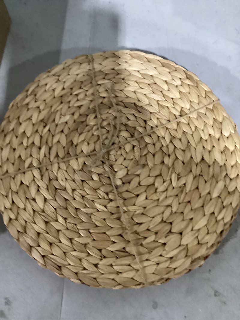 Condition photo showing As Is for round woven placemats set of 4, natural water hyacinth place mats, boho wicker placemats, table mats for dining table (13.8 inch) by yangqihome natural 13.8 inch (set of 4)