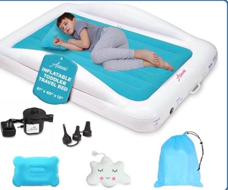 Asani Inflatable Toddler Travel Bed, Electric Pump, Leakproof Air Mattress, Bumpers, Carry Case, Pillow - Fits Kids Up to 4ft - Blue | Portable, Foldable, Ideal for Camping & Sleepovers