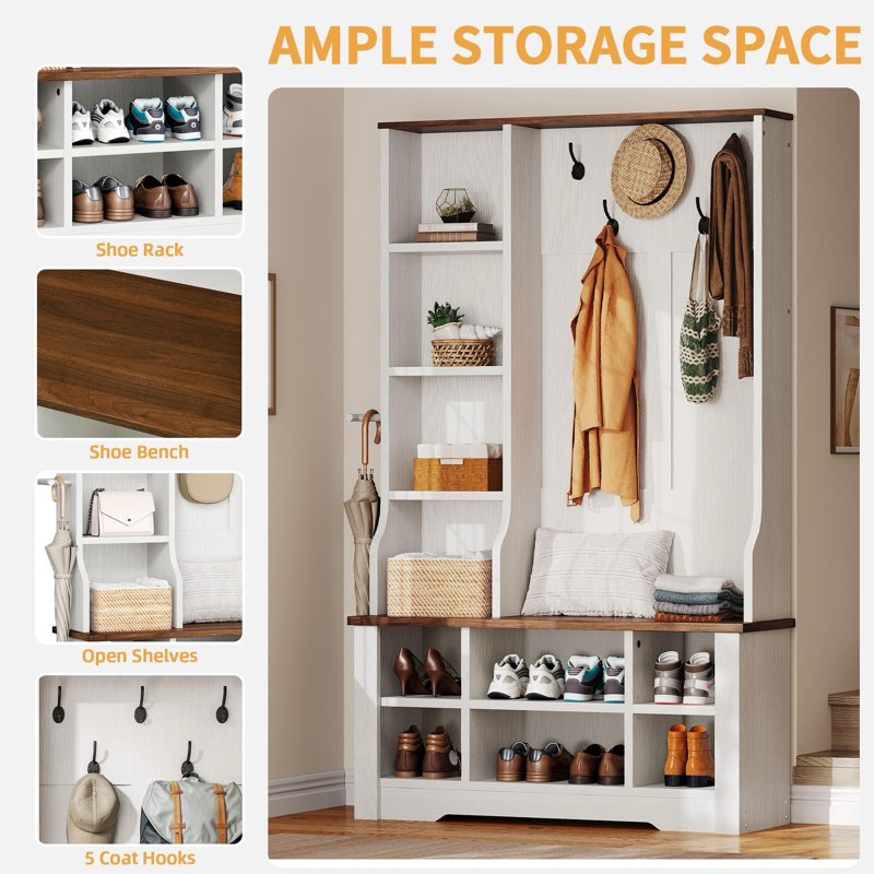 DWVO 39" Hall Tree with Bench and Shoe Storage, 6 Shoe Cubbies & 5 Coat Hooks, 4 Side Storage Cubbie