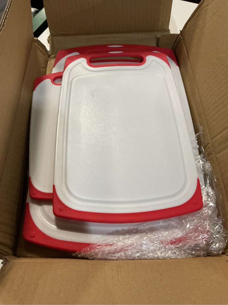 Condition photo showing Good Condition for cutting board set- 3 piece plastic kitchen chopping boards for cooking food prep with juice groove by classic cuisine (red)