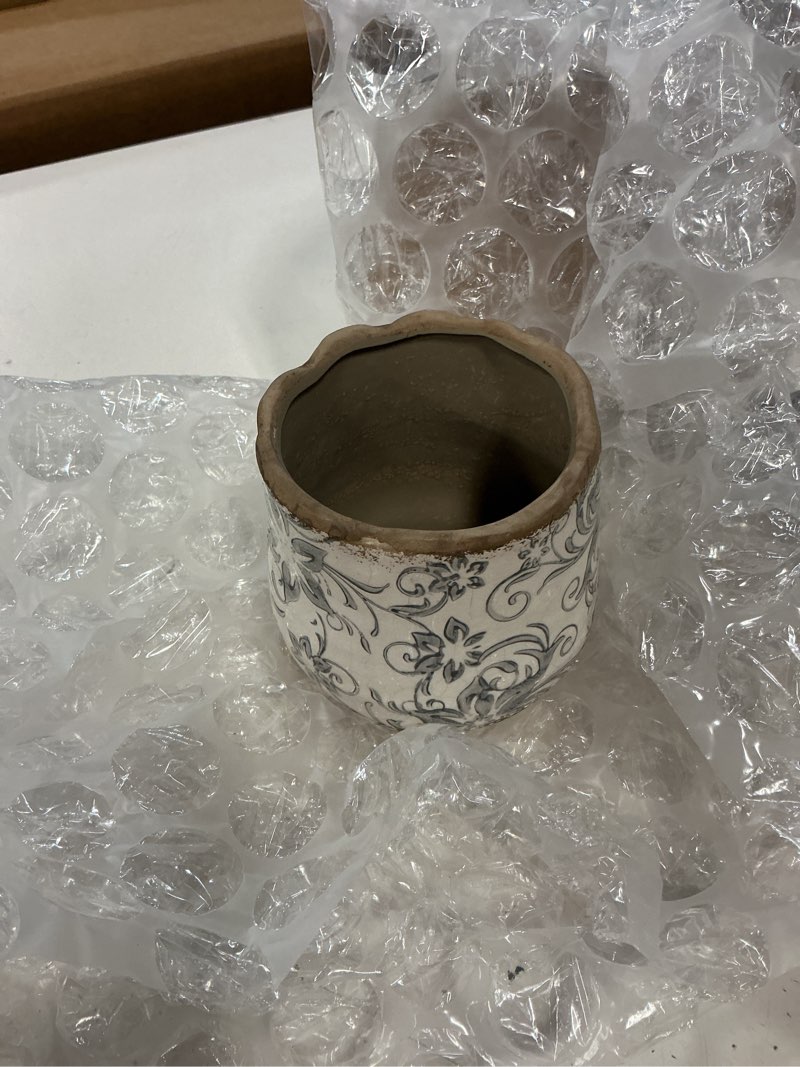 Condition photo showing Good Condition for nearly natural 4.5in. tuscan ceramic gray scroll planter, white