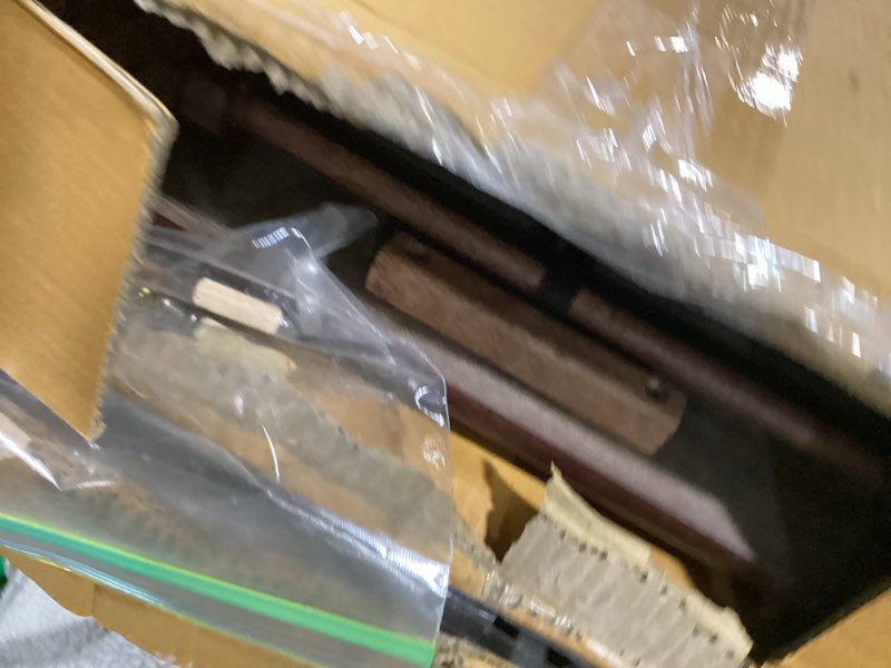 Condition photo showing As Is for Amazon Basics Classic Foldable TV Dinner Tray Table with Storage Rack, 14.6 L x 19 W x 26 H inch, Espresso, 4-Pack Espresso 4 Pack