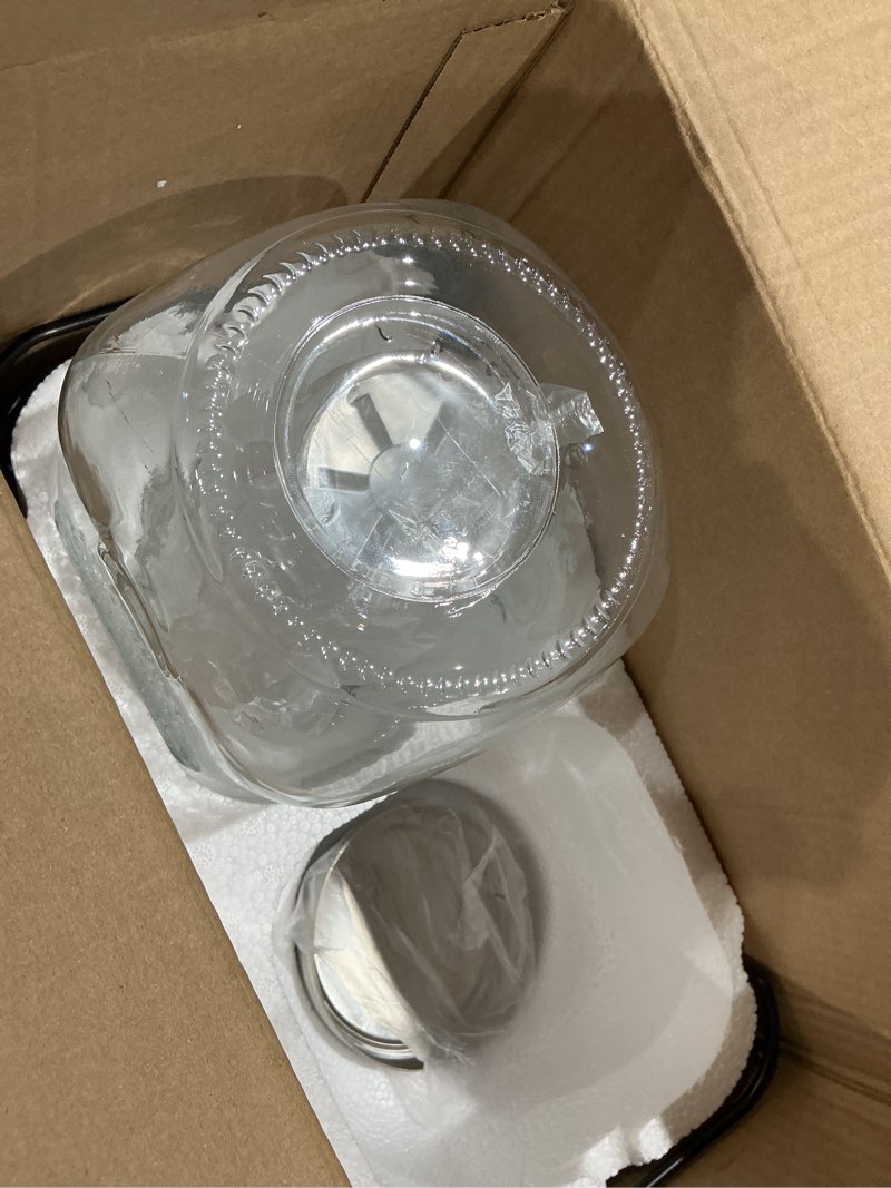 Condition photo showing As Is for item incomplet))))))))))1 gallon glass drink dispensers for parties, 2pack beverage dispenser with stand, ice cylinder and stainless steel spigot 100% leakproof, beverage dispenser for lemonade sun tea 1 gallon double with stand