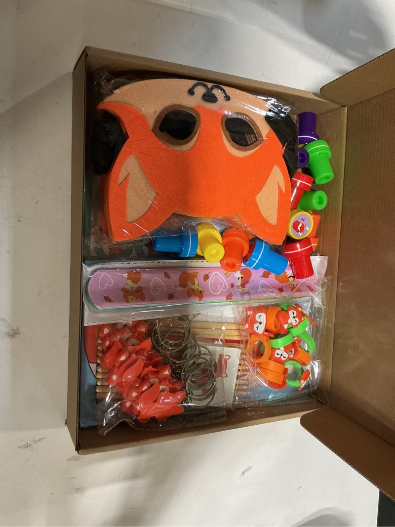 Condition photo showing As Is for fox party favors, 132pcs fox themed birthday party supplies, fox gifts goodie bag stuffers stickers stamps toys pinata prizes for jungle safari party woodland creatures fox birthday party decorations