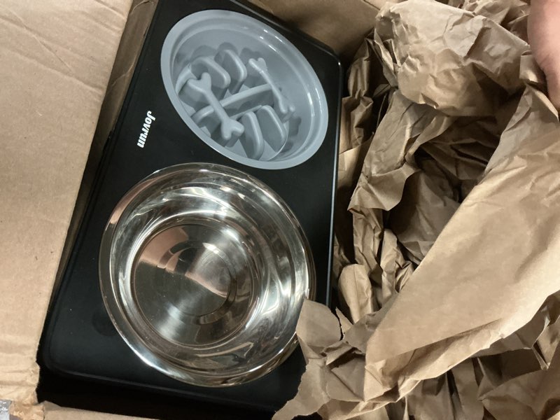 Condition photo showing As Is for jovrun elevated dog bowls for medium large size dogs, non-slip dog feeder with 1*stainless steel dishes & 1*slow feeder bowl, 5 heights adjustable raised bowls to 3.15?-8.66?-9.84?-11.02?-12.2? 8"for medium large dogs 1 basic&1slow bowl black