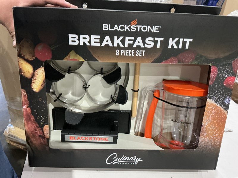 Condition photo showing New/Like New for plastic batter dispenser, cast iron bacon griddle weight press, 10 inches stainless steel omelet egg ring, wood wooden crepe spreader spatula 8 piece kit