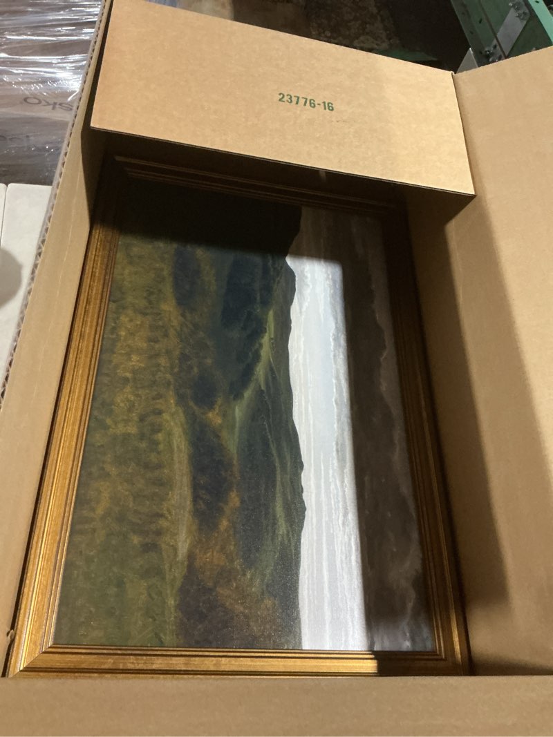 Condition photo showing As Is for KBKBART Gold Framed Vintage Landscape Wall Art, Retro Mountain Vintage Painting Prints, Moody Countryside Farmhouse Landscape Wall Decor, Canvas Wall Art for Living Room Bedroom Home Bathroom Decor(16"x24") Mountain Landscape 16"L x 24"W