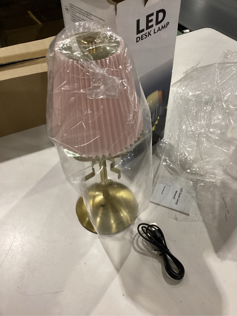 Condition photo showing New/Like New for 2 pack small gold bow table lamp 12 inch for girl's bedroom cute coquette bow table lamp with fabric shade modern decorative bedside light small princess desk lighting boho living room (pink)