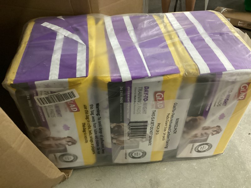 Condition photo showing New/Like New for glad for pets day to night activated carbon puppy training pads, odor control disposable dog pads with adhesive and wall protection, leak proof and super absorbent, 30 x 36 inch, 24 count - 3 pack charcoal 30\" x 36\" - 72 count